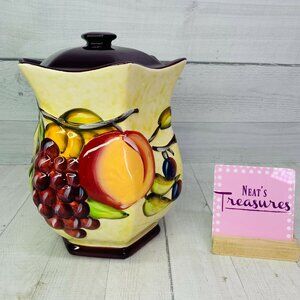 NONNI'S Hand Painted Embossed Fruit Burgundy Large Ceramic Biscotti Cookie Jar